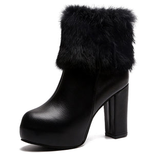 black Women's elegant fuzzy cuff chunky heels booties