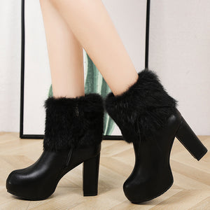 Women's elegant fuzzy cuff chunky heels booties