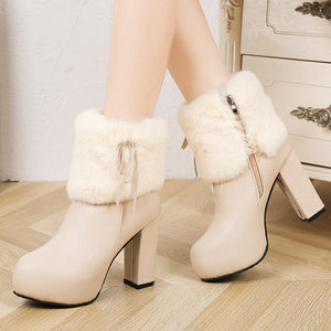 Women's elegant fuzzy cuff chunky heels booties