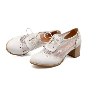 Women's elegant lace mesh lace-up block heels brogue bridal pumps
