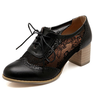 Women's elegant lace mesh lace-up block heels brogue bridal pumps