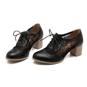 Women's elegant lace mesh lace-up block heels brogue bridal pumps