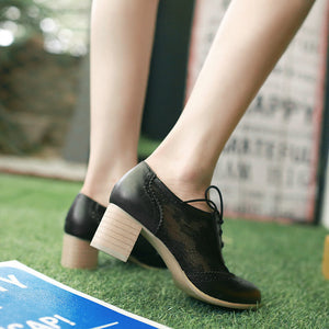Women's elegant lace mesh lace-up block heels brogue bridal pumps
