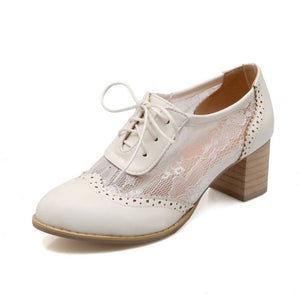 Women's elegant lace mesh lace-up block heels brogue bridal pumps