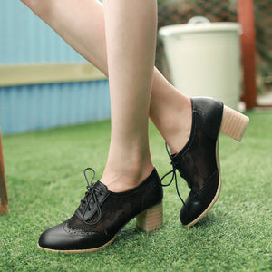 Women's elegant lace mesh lace-up block heels brogue bridal pumps