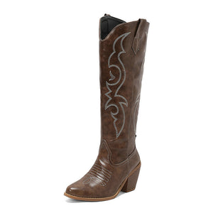 Women's embroidered knee high cowboy boots pointed toe