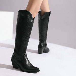 Women's embroidered knee high cowboy boots pointed toe