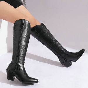 Women's embroidered knee high cowboy boots pointed toe