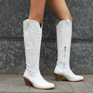 Women's embroidered knee high cowboy boots pointed toe