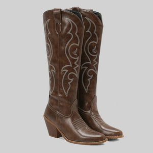 Women's embroidered knee high cowboy boots pointed toe