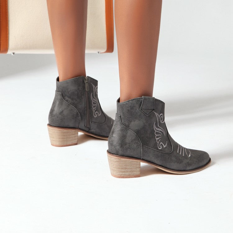 black Women's embroidery mid block heels ankle western boots