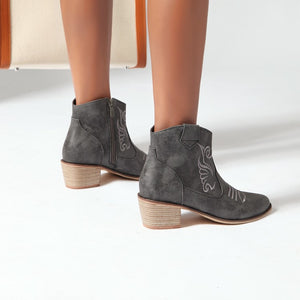 black Women's embroidery mid block heels ankle western boots