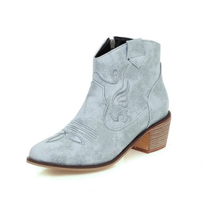 Women's embroidery mid block heels ankle western boots