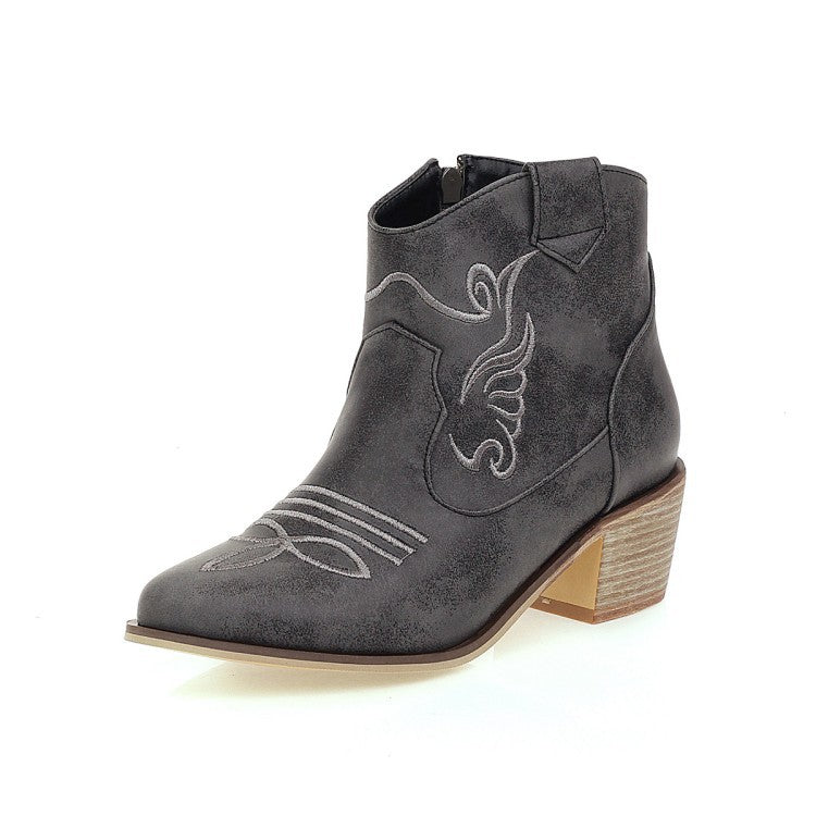 black Women's embroidery mid block heels ankle western boots