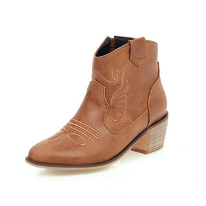 yellow Women's embroidery mid block heels ankle western boots