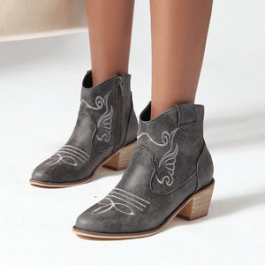Women's embroidery mid block heels ankle western boots