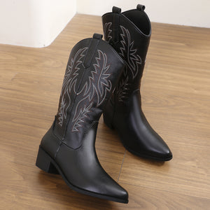 black Women's embroidery pull-on mid calf cowboy boots