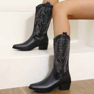 black Women's embroidery pull-on mid calf cowboy boots