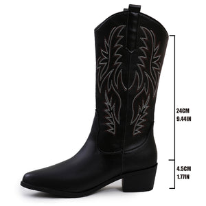black Women's embroidery pull-on mid calf cowboy boots