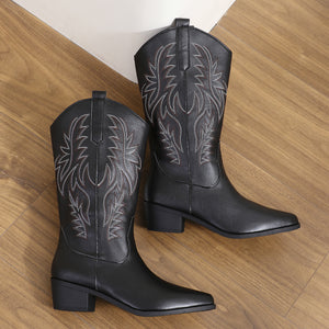 black Women's embroidery pull-on mid calf cowboy boots