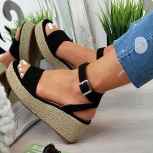 Women's espadrille platform wedge sandals with ankle buckle strap