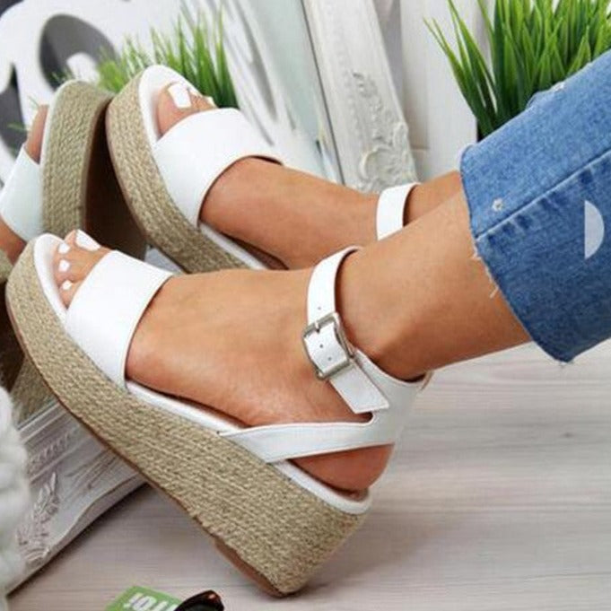 Women's espadrille platform wedge sandals with ankle buckle strap