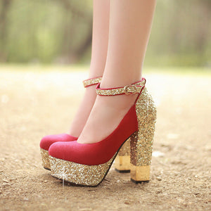 Women sexy glitter ankle strap platform chunky high heels