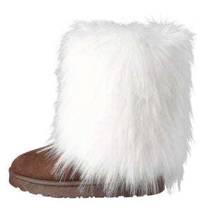 white Women's fashion fuzzy mid calf snow boots cozy warm lined winter shoes