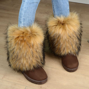 Women's fashion fuzzy mid calf snow boots cozy warm lined winter shoes