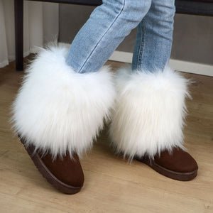 Women's fashion fuzzy mid calf snow boots cozy warm lined winter shoes
