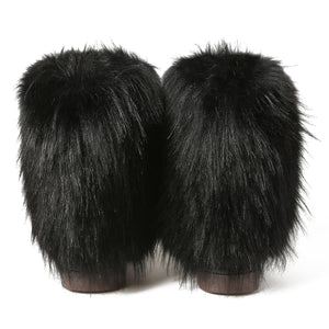 black Women's fashion fuzzy mid calf snow boots cozy warm lined winter shoes