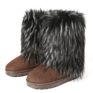 Women's fashion fuzzy mid calf snow boots cozy warm lined winter shoes