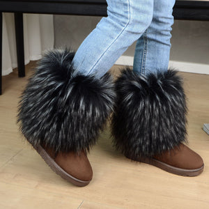 Women's fashion fuzzy mid calf snow boots cozy warm lined winter shoes