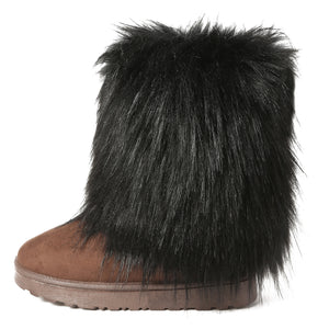 black Women's fashion fuzzy mid calf snow boots cozy warm lined winter shoes