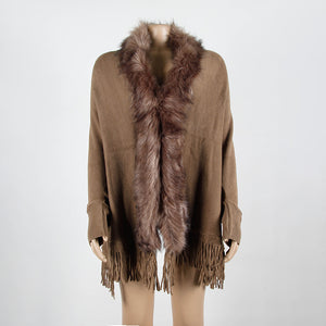 Women's faux fur collar fringe hem poncho open front