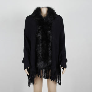 Women's faux fur collar fringe hem poncho open front