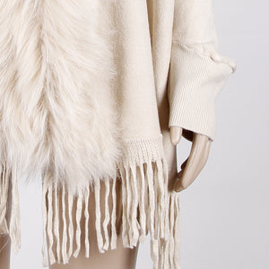 Women's faux fur collar fringe hem poncho open front