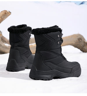 black Women's faux fur collar lace-up mid calf snow boots anti-slip