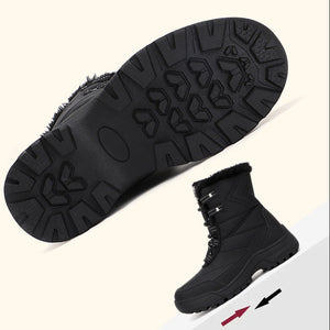 black Women's faux fur collar lace-up mid calf snow boots anti-slip