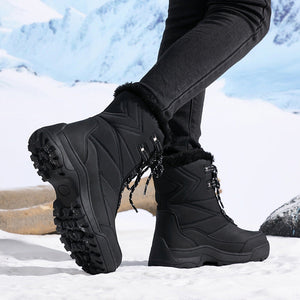 black Women's faux fur collar lace-up mid calf snow boots anti-slip