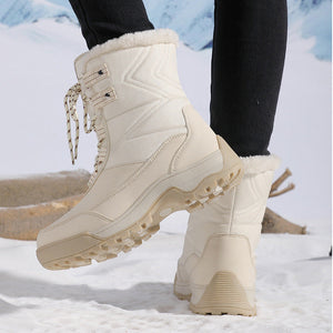 beige Women's faux fur collar lace-up mid calf snow boots anti-slip