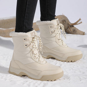 Women's faux fur collar lace-up mid calf snow boots anti-slip