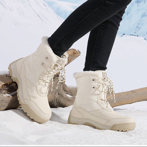 beige Women's faux fur collar lace-up mid calf snow boots anti-slip