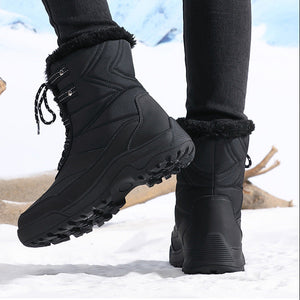 black Women's faux fur collar lace-up mid calf snow boots anti-slip