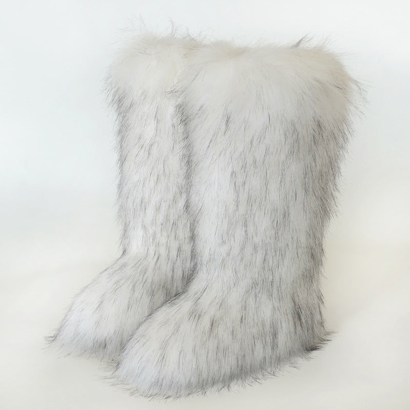 Women's faux fur fuzzy warm knee high snow boots