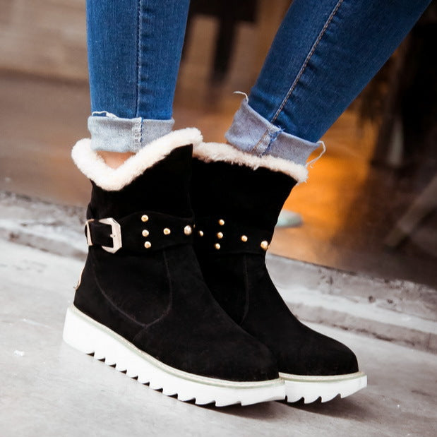 Women's faux fur lining mid calf snow boots with buckle strap