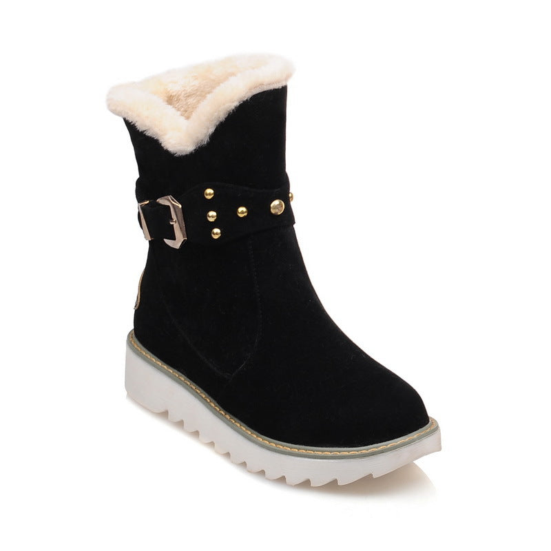 Women's faux fur lining mid calf snow boots with buckle strap