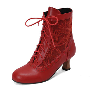 red Retro Victorian Ankle Boots for Women - Brocade Lace Detail for Classic & Vintage Occasions