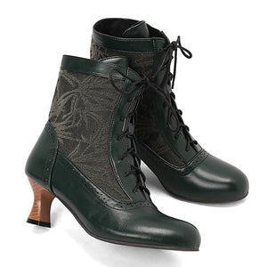 green Retro Victorian Ankle Boots for Women - Brocade Lace Detail for Classic & Vintage Occasions