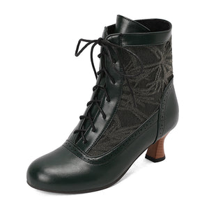 green Retro Victorian Ankle Boots for Women - Brocade Lace Detail for Classic & Vintage Occasions